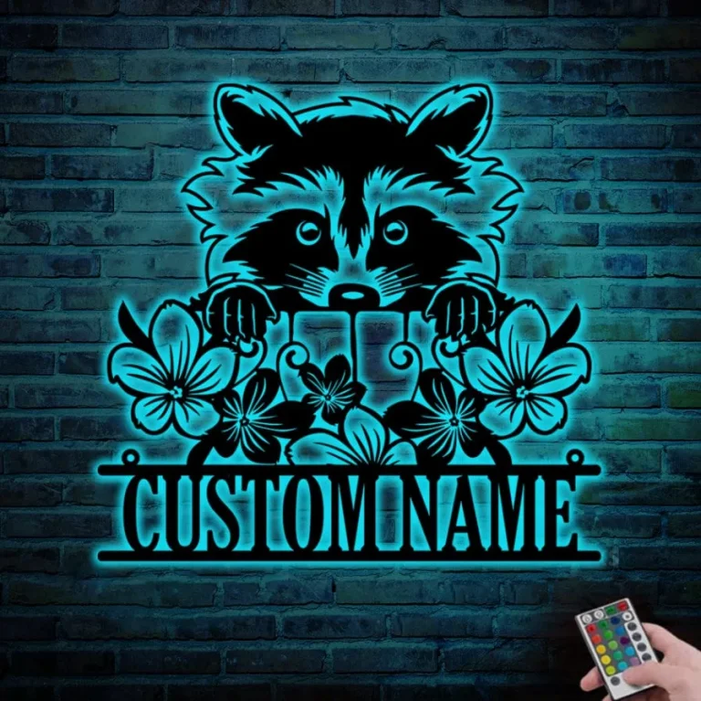 Custom Raccoon Metal Sign With Led Light, Raccoon Gifts, Woodland Animals Home Decor, Raccoon Nursery Decor, Birthday Gift For Kids Wall Art