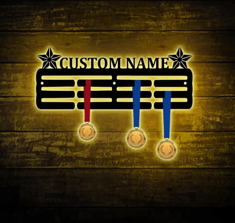 Personalized All Star Medal Holder, Custom All Star Name Medal Hanger, 12 Rungs For Medals & Ribbons, Sport Medal Display Awards Sign Led Light