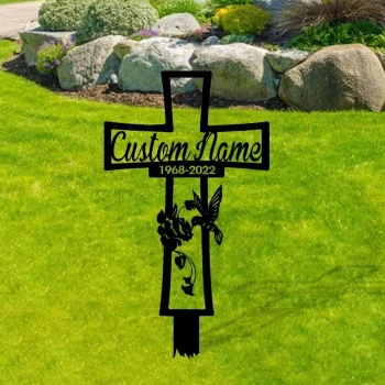 Custom Hummingbird Memorial Metal Cross Stake, Cross Hummingbird Stake, Grave Marker, , Memorial Stake For Outdoor, Memorial Bird Cross Stake