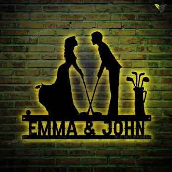 Personalized Golfer Wedding Metal Sign Led Lights, Customized Golf Marriage Metal Wall Art, Weatherproof Wall Art, Gift For Couples