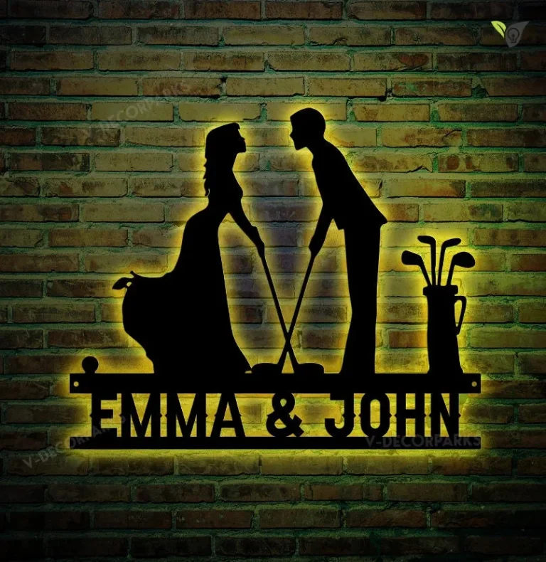 Personalized Golfer Wedding Metal Sign Led Lights, Customized Golf Marriage Metal Wall Art, Weatherproof Wall Art, Gift For Couples