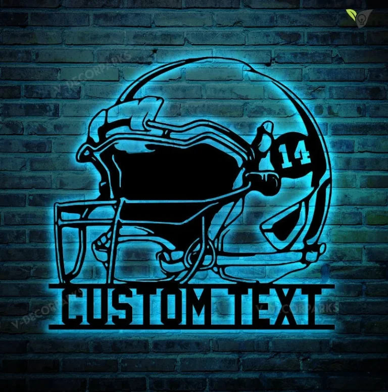 Personalized Football Helmet Metal Sign Led Lights, Customized Football Metal Wall Art, Decoration For Room, Football Metal Led Decor