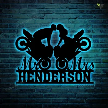 Customized Motorcycle Couple Metal Wall Art With Led Lights, Personalized Sign With Couple's Names And Special Date, Gift For Couples