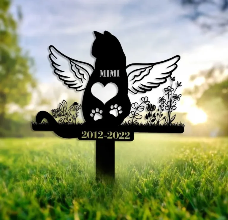 Personalized Cat Memorial Garden Stake, Rustic Rusty Metal Cat With Wings And Butterfly, Loss Of Cat Grave Marker, Sympathy Outdoor Decor