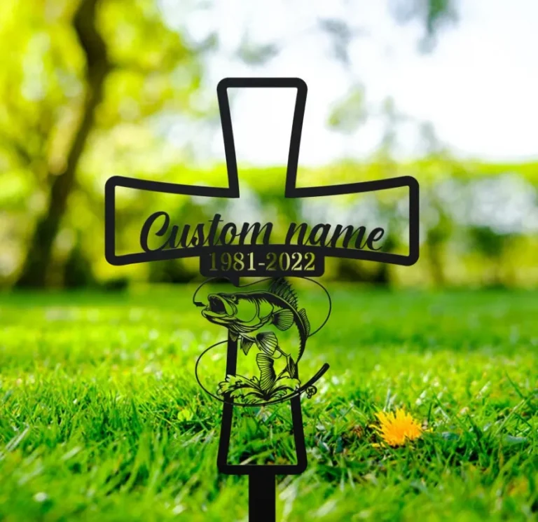 Memorial Cross Metal Stake Personalized, Grave Site Marker, Memorial Stake For Ourdoor Site, Memorial Cross Stake, Fisherman Grave Marker