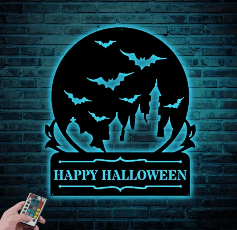 Custom Happy Halloween Sign With Led Lights, Personalized Halloween Metal Sign Halloween Castle Metal Wall Art Halloween Decor Outdoor