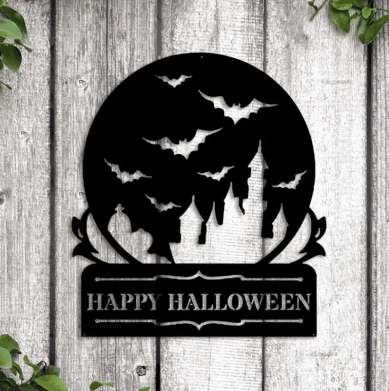 Custom Happy Halloween Sign With Led Lights, Personalized Halloween Metal Sign Halloween Castle Metal Wall Art Halloween Decor Outdoor