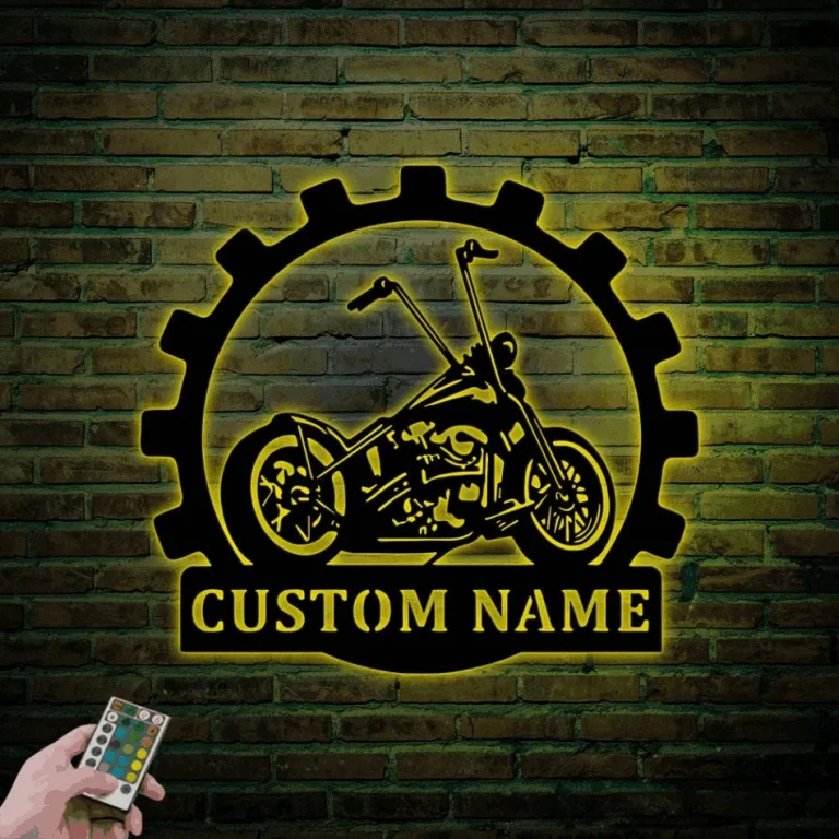 Custom Motorcycle Garage Metal Wall Art With Led Lights, Personalized Motorcycle Metal Sign, Motorcycle Art, Bike Lover Gift Last Name Plaque