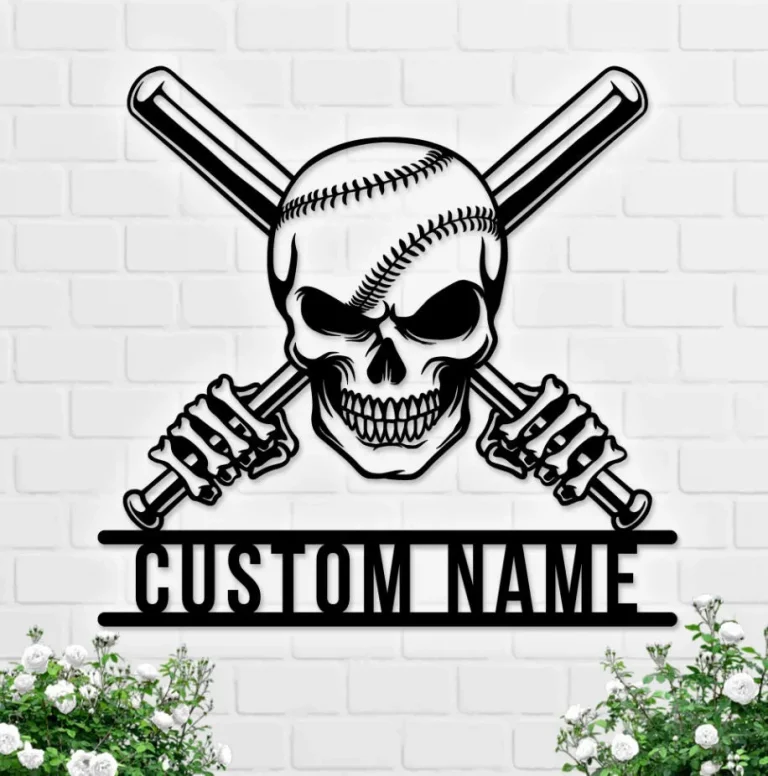 Custom Baseball Skull Metal Wall Art, Personalized Baseball Player Name Sign Baseball Metal Wall Decor, Baseball Lover Gift Home Decor