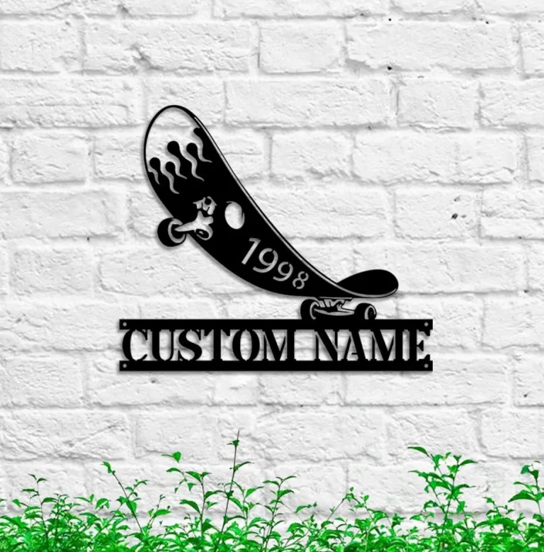 Custom Jumping Skateboard Fire Metal Wall Art Personalized Skateboarding Name Sign Home Decor Nursery Decoration Xmas Birthday