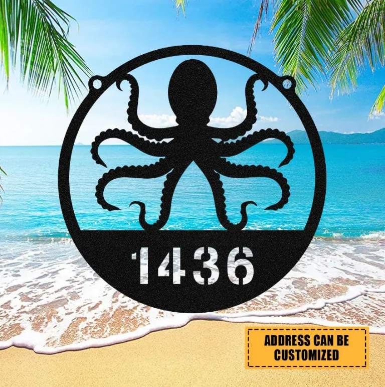 Personalized Family Name Octopus Beach House Metal Sign Monogram, Custom Outdoor House, Lake, Housewarming Wall Decor, Wedding Art Gift