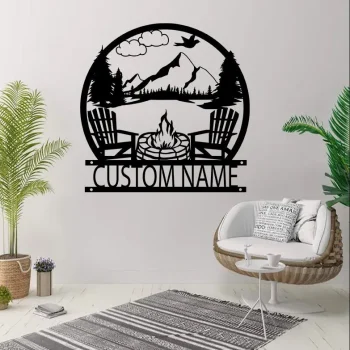 Custom Campfire Metal Sign, Lake House Sign, Personalized Camp Name Sign, Outdoor Decor, Address Sign, Lake Scene Campsite Monogram Decor