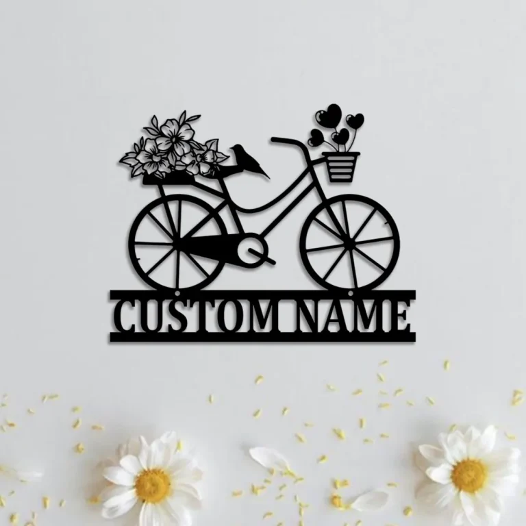 Custom Bicycle With Flowers Metal Wall Art, Bicycle Racing Lover, Bicycle Wall Decor, Bicycle Gift, Cyclist Name Sign, Bicycle Wall Art