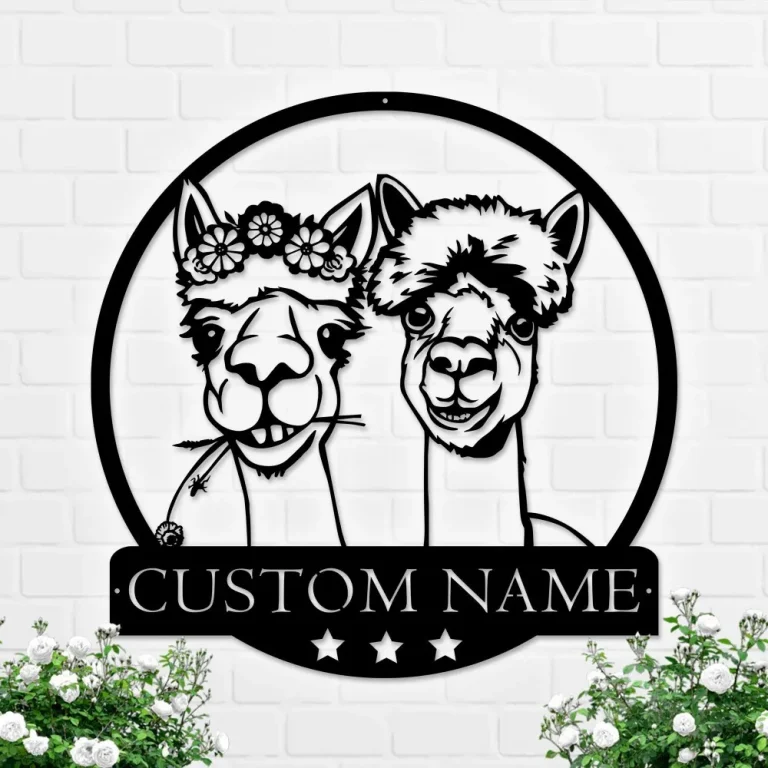 Custom Couple Alpaca Llama Metal Wall Art, Personalized Alpaca Llama Funny Camel Lover Name Sign Decor Fall In Love Valentine's Day, Animal