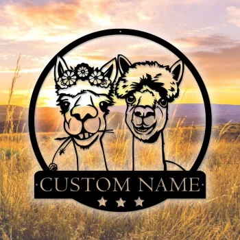 Custom Couple Alpaca Llama Metal Wall Art, Personalized Alpaca Llama Funny Camel Lover Name Sign Decor Fall In Love Valentine's Day, Animal