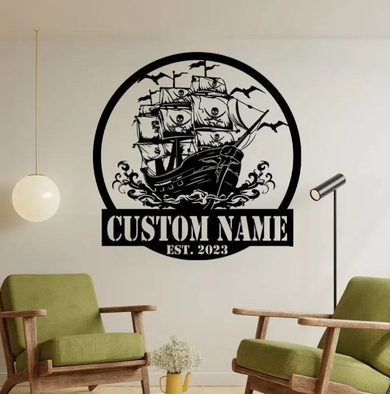 Custom Pirate Ship Metal Wall Art With Led Light, Personalized Pirate Ship Name Sign Decoration For Room, Pirate Ship Metal Decor Gift For Dad