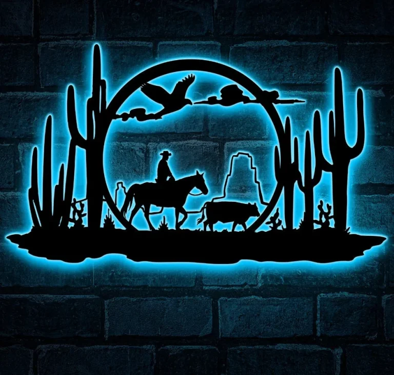 Cowboy Horse Metal Wall Art With Led Lights Wall Decor Wall Hanging Interior Decor, Western Metal Art, Home Decor, Cowboy Sign, Metal Decoration