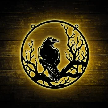 Raven Metal Wall Art With Led Light, Crow Metal Wall Art Crow Moon Sign Home Decor Ideal For Home Decor Halloween Decor Bird Metal Sign