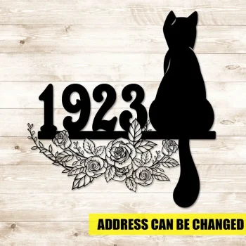 Customized Address Sitting Cat And Flower Wreath Metal Sign, Personalized Sign Home Decor, Address Number Sign, Cat Lover Gift, Home Decor