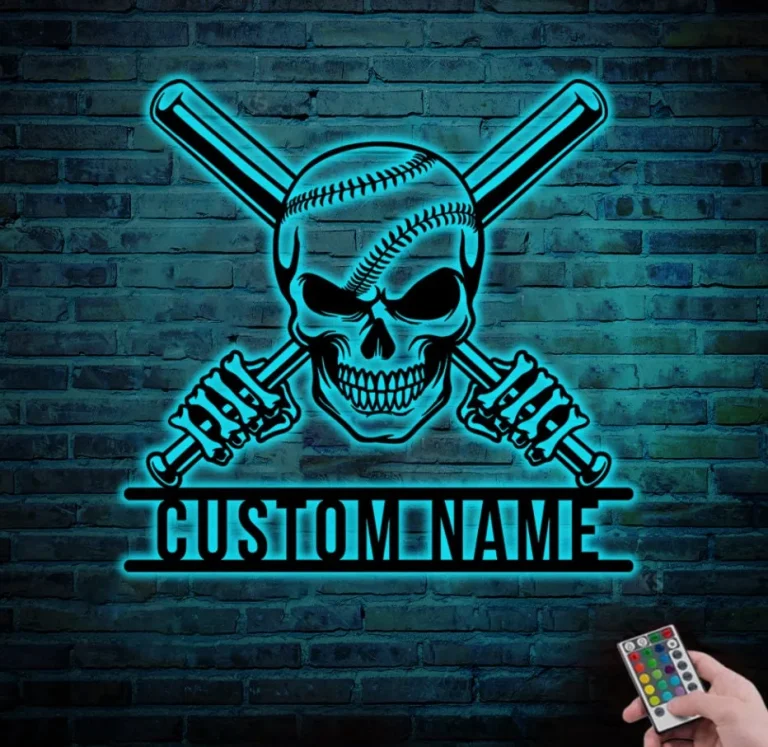 Custom Baseball Skull Metal Wall Art Led Lights, Baseball Player Name Sign Baseball Metal Wall Decor, Baseball Lover Gift Home Decor