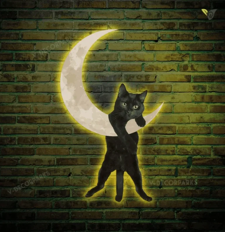 Black Cat Moon Wall Hanging Metal Wall Art With Led Light, Black Cat Metal Art Wall Decoration, Black Cat Wall Art, Moon Cat Metal Wall Decor