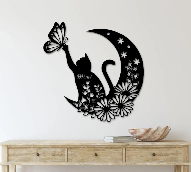 Cat And Moon Metal Wall Art, Cat On Moon Sign, Cat Lover Gift, Cat Wall Decor, Animal Decor, Housewarming Gift, Cat And Moon Lover, Gift