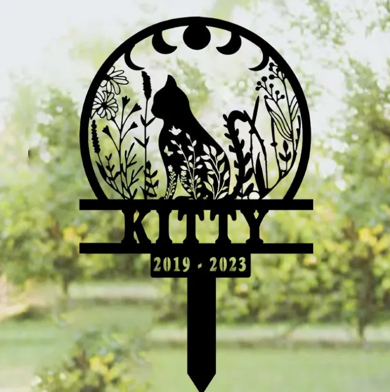 Custom Floral Cat Garden Stake, Personalized Grave Marker Stake, Cat Memorial Metal Garden Stake, Yard Stake, Cat Memorial Stake Garden Decor