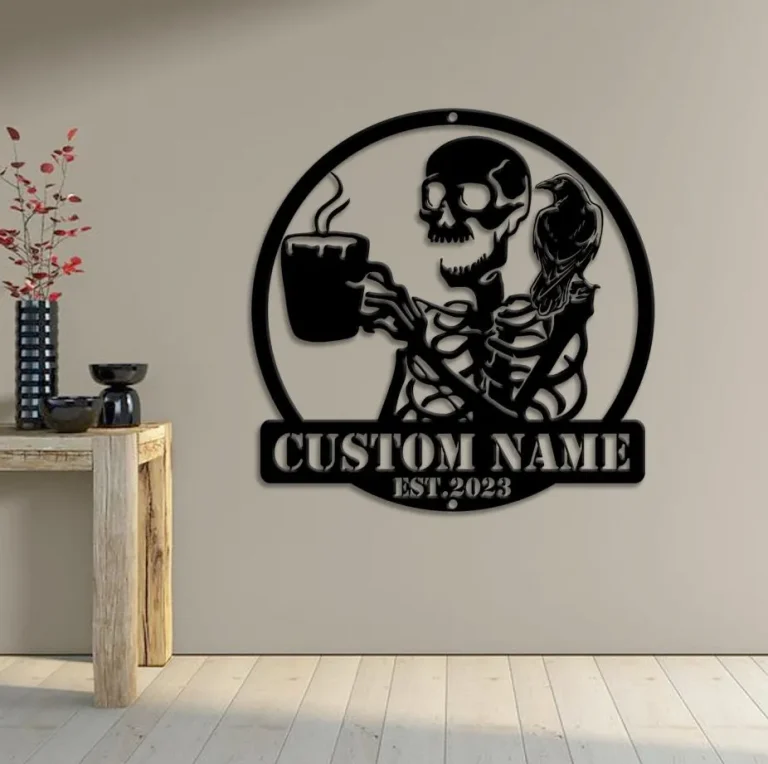 Custom Skeleton Coffee Raven Metal Wall Art Led Light Personalized Skull Crow Name Sign Decor Coffee Lover Halloween Decoration Gift