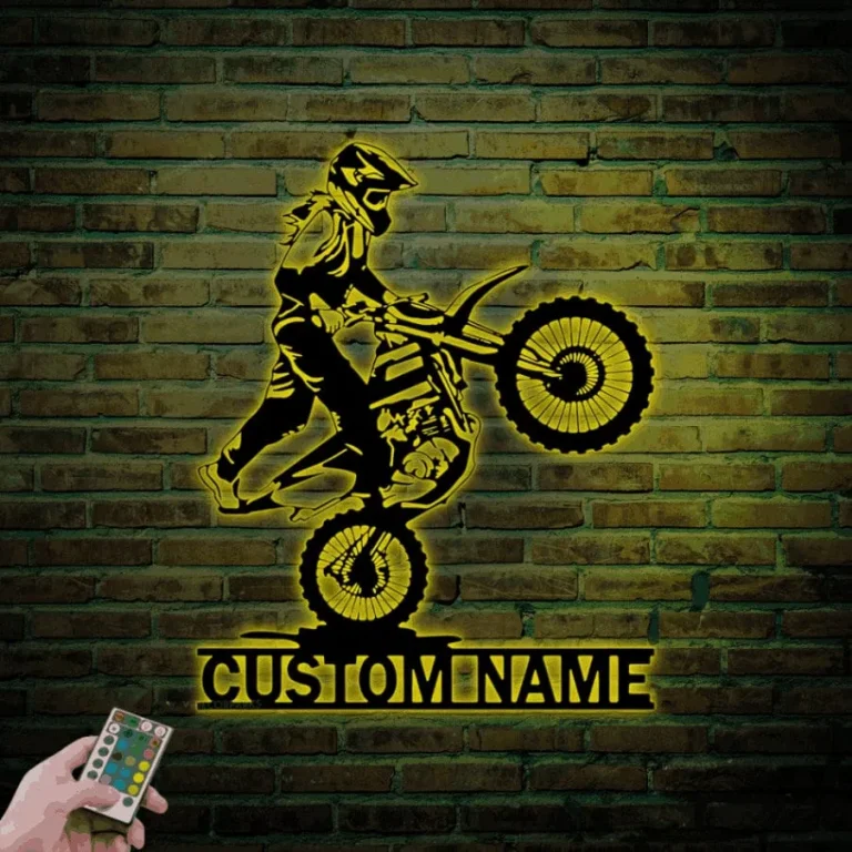 Custom Girl Motocross Biker Metal Sign Led Lights, Personalized Female Dirt Bike Name Sign Home Motorcycle Decor Rider Decoration Xmas