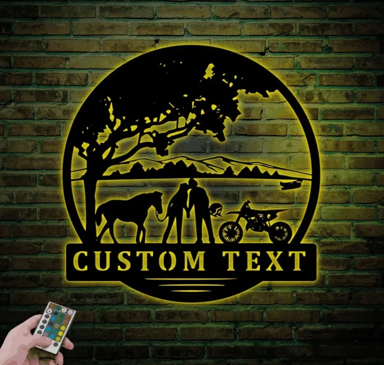 Custom Motocross Biker Cowgirl Couple Kiss Metal Sign Led Lights, Personalized Dirt Bike Name Sign Home Decor Motorcycle Horse Rider Xmas