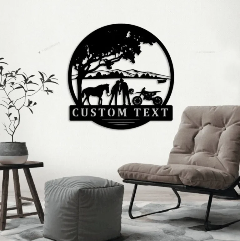 Custom Motocross Biker Cowgirl Couple Kiss Metal Sign Led Lights, Personalized Dirt Bike Name Sign Home Decor Motorcycle Horse Rider Xmas