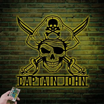 Custom Pirate Skull Metal Sign Led Lights, Personalized Pirate Ship Name Sign Home Decor Skeleton Piracy Decoration Birthday Housewarming