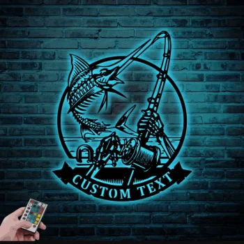 Custom Skeleton Marlin Fishing Metal Sign Led Lights, Personalized Skull Fisher Name Sign Home Decor Skeleton Fishing Hook Decoration