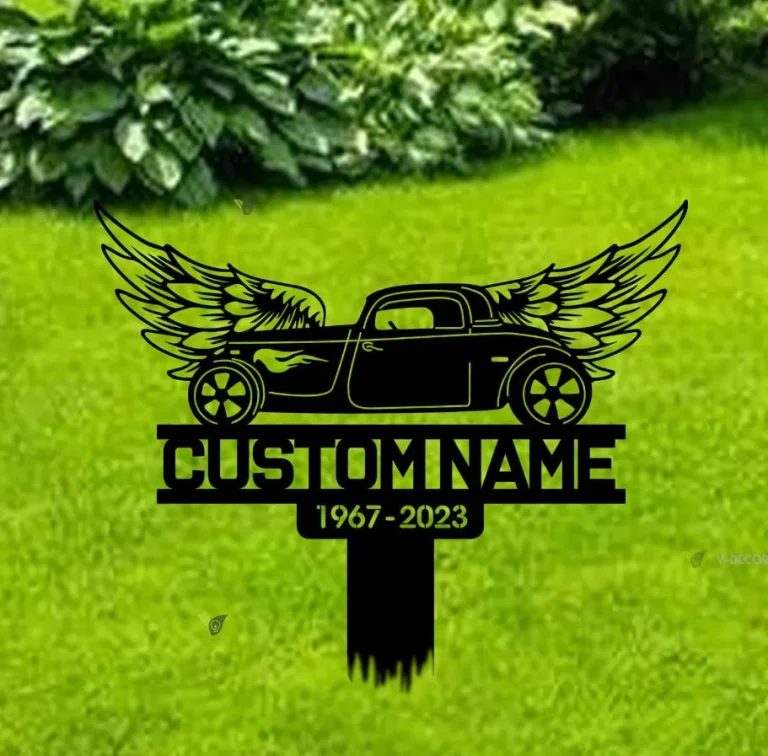 Custom Hot Rod With Wings Memorial Stake, Metal Stake With Solar, Sympathy Gift, Garden Sign, Grave Marker, Hot Rod, Dad Loss, Rememberance Sign