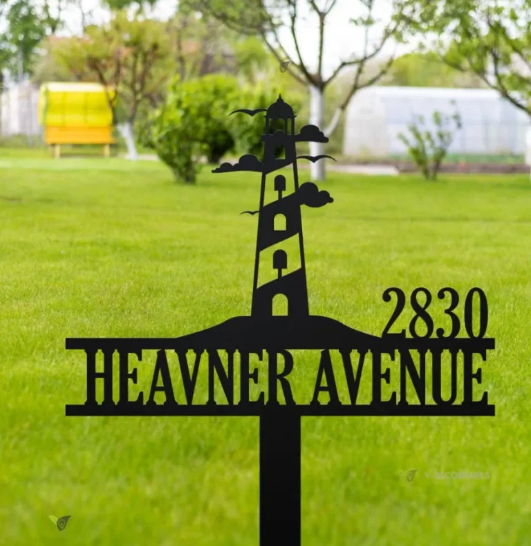 Custom Lighthouse Address Yard Sign, Coastal Beach House Address Plaque, Personalized Metal Address Sign, Lighthouse Address Sign With Stake