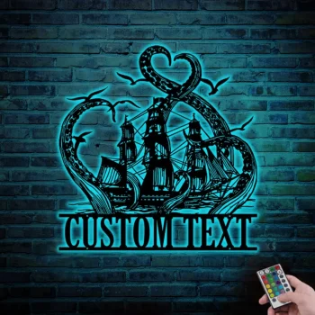 Custom Ship Octopus Tentacles Metal Wall Art Personalized Kraken Octopus Name Sign Led Light Home Decor Ocean Sea Monster Decoration Gif