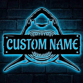 Custom Great White Shark Metal Wall Art Led Light Personalized Shark Lover Name Sign Home Decor Boy Girl Nursery Decoration Birthday Gift