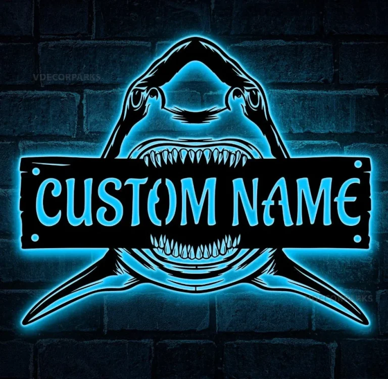 Custom Great White Shark Metal Wall Art Led Light Personalized Shark Lover Name Sign Home Decor Boy Girl Nursery Decoration Birthday Gift