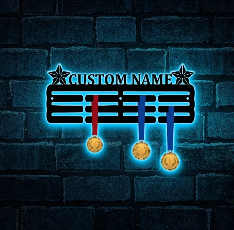 Personalized All Star Medal Holder, Custom All Star Name Medal Hanger, 12 Rungs For Medals & Ribbons, Sport Medal Display Awards Sign Led Light