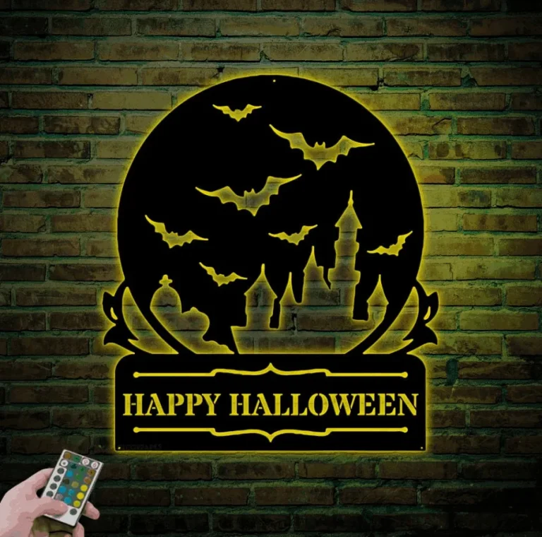 Custom Happy Halloween Sign With Led Lights, Personalized Halloween Metal Sign Halloween Castle Metal Wall Art Halloween Decor Outdoor