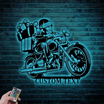 Custom Motorcycle Santa Metal Sign With Led Lights, Christmas Santa Wall Art Christmas Scene Metal Sign Home Decor Xmas Christmas Gift