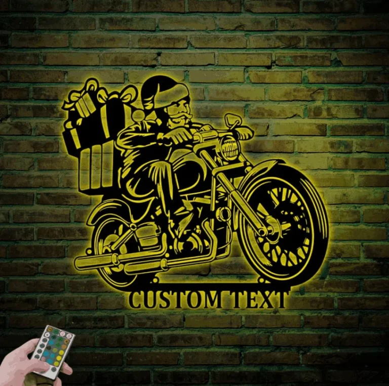 Custom Motorcycle Santa Metal Sign With Led Lights, Christmas Santa Wall Art Christmas Scene Metal Sign Home Decor Xmas Christmas Gift