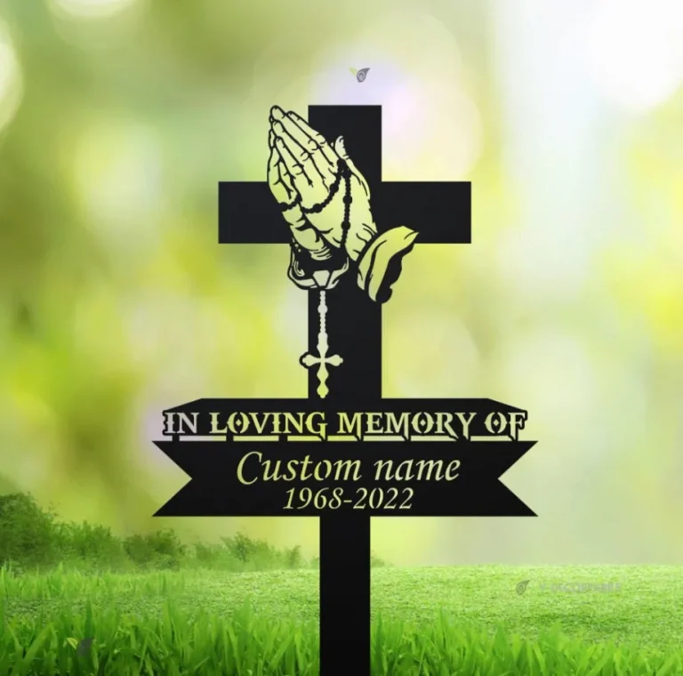 Personalized Cross With Praying Hand Memorial Stake, Metal Stake, Sympathy Sign, Grave Marker, Remembrance Stake, Home Decor