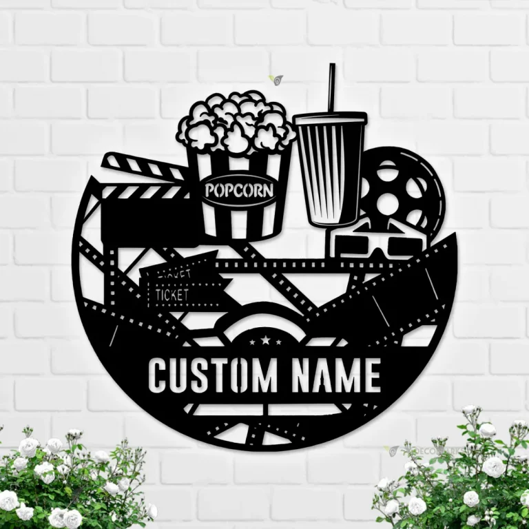 Custom Movie And Popcorn Metal Wall Art Led Light Personalized Cinema Film Movie Name Sign Home Decor Man Cave Decoration Birthday Xmas Gift