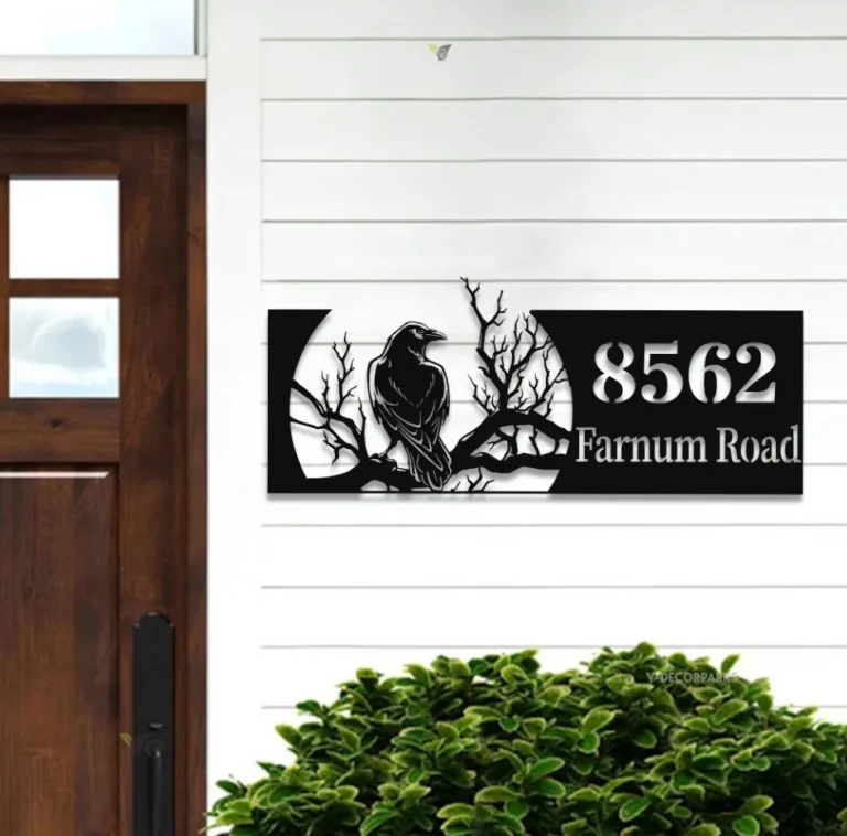 Personalized Crow Raven Metal Address Sign House Number, House Number Hanging Address Plaque, Outdoor House Number, Garden Stake