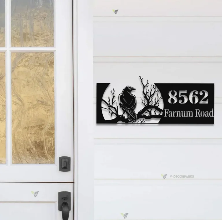 Personalized Crow Raven Metal Address Sign House Number, House Number Hanging Address Plaque, Outdoor House Number, Garden Stake