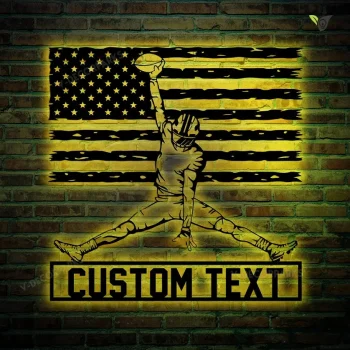 Personalized Football Us Flag Led Metal Wall Art Sign, American Flag Football Metal Name Sign, Personalized Player Name Sign Home Decor