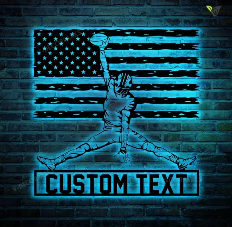 Personalized Football Us Flag Led Metal Wall Art Sign, American Flag Football Metal Name Sign, Personalized Player Name Sign Home Decor