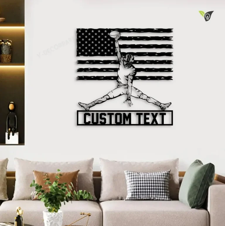 Personalized Football Us Flag Led Metal Wall Art Sign, American Flag Football Metal Name Sign, Personalized Player Name Sign Home Decor