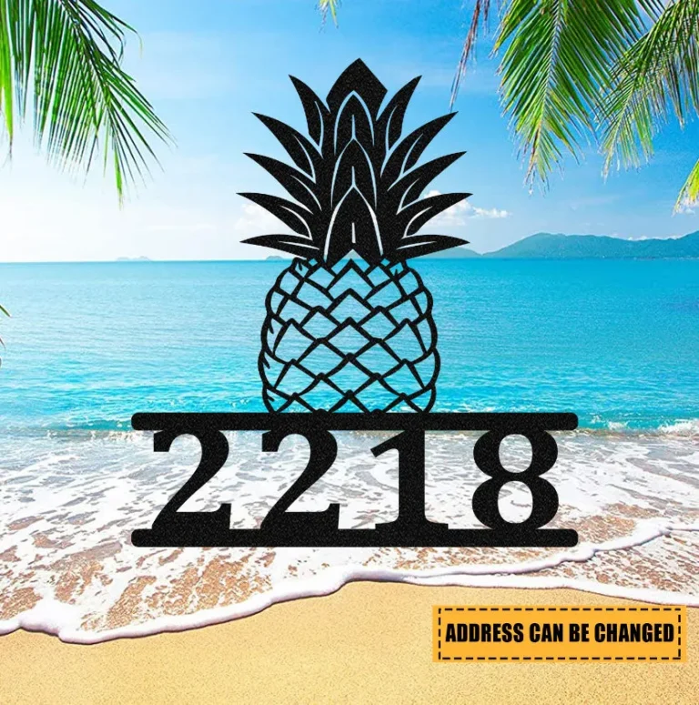 Personalized Address Pineapples Beach House Metal Sign Monogram, Custom Outdoor House, Lake, Housewarming Wall Decor, Wedding Art Gift